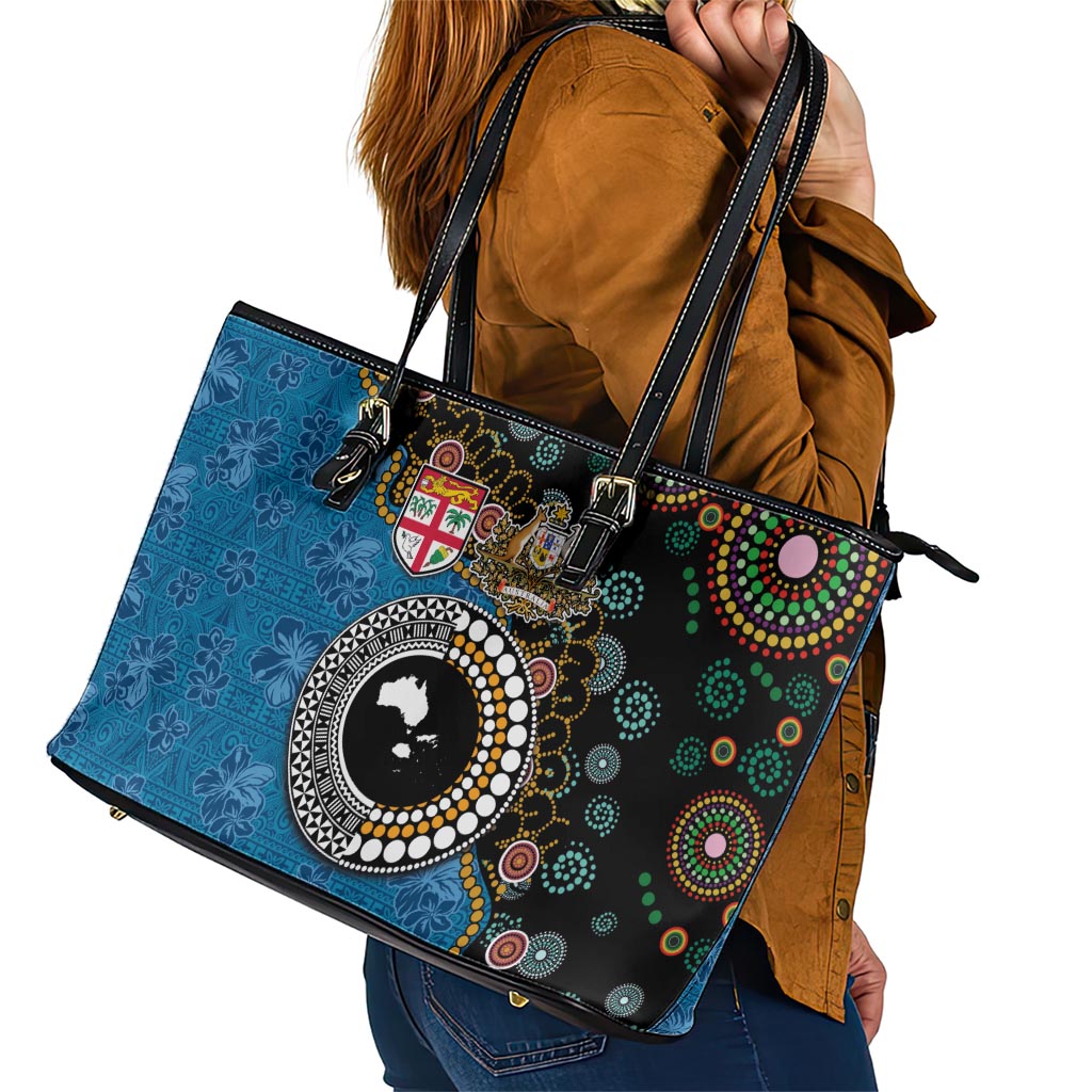 Fiji Palm Tree and Australia Kangaroo Leather Tote Bag Aboriginal Mix Tapa Pattern