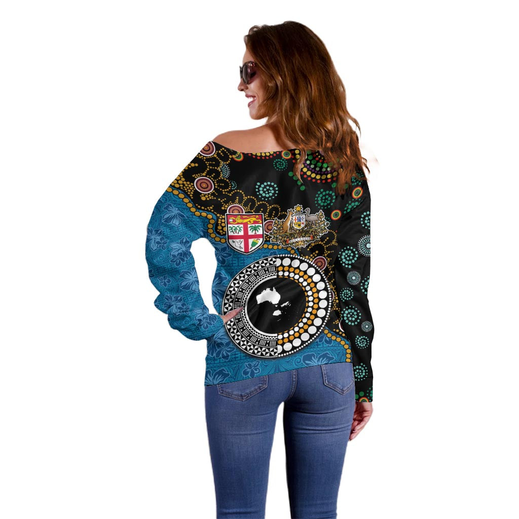 Fiji Palm Tree and Australia Kangaroo Off Shoulder Sweater Aboriginal Mix Tapa Pattern