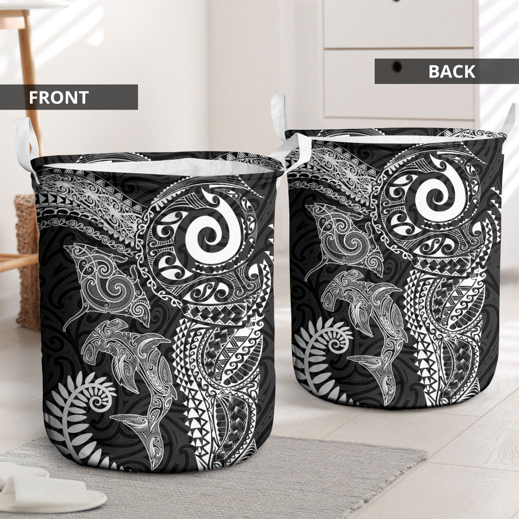 Aotearoa Maori Sea Animals Tribal Laundry Basket Manta Ray and Shark Moko Pattern Black Color LT03 - Polynesian Pride