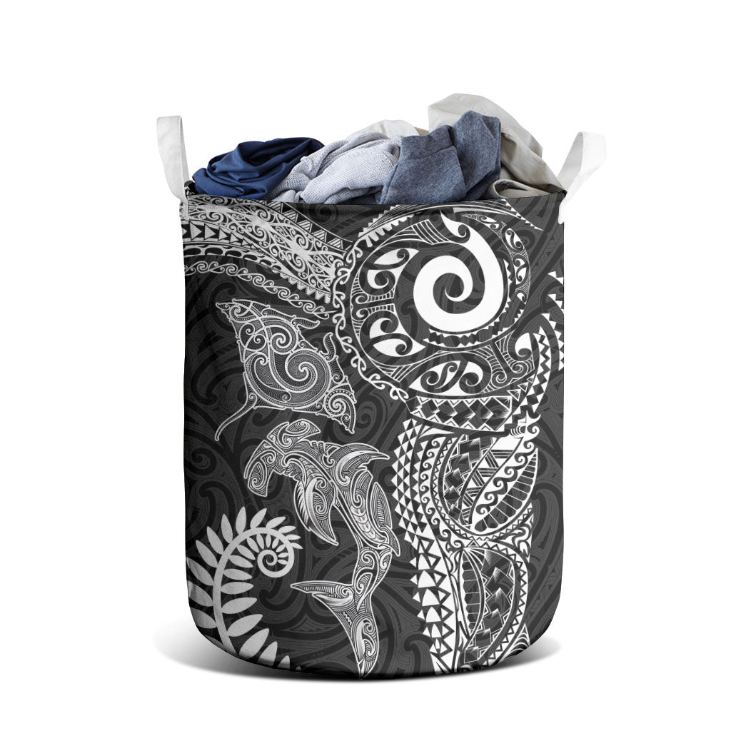 Aotearoa Maori Sea Animals Tribal Laundry Basket Manta Ray and Shark Moko Pattern Black Color LT03 - Polynesian Pride