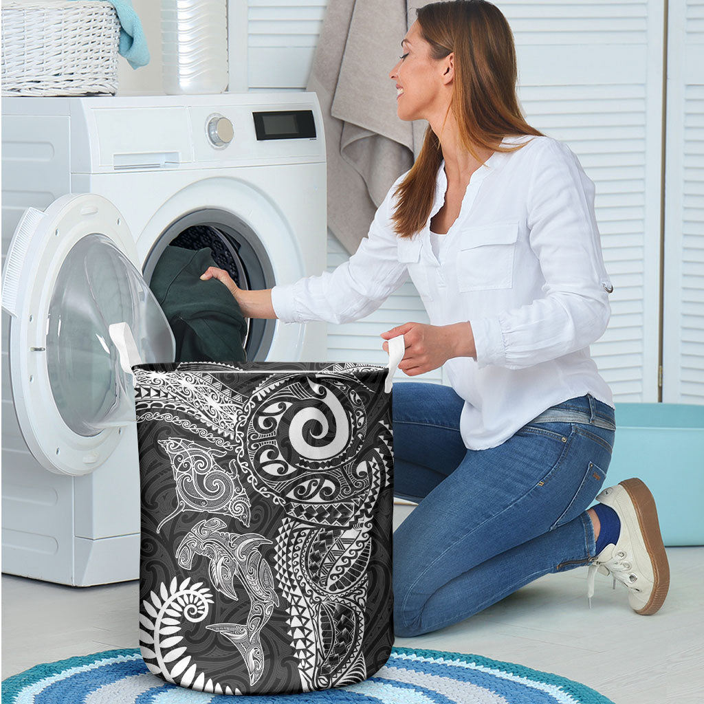 Aotearoa Maori Sea Animals Tribal Laundry Basket Manta Ray and Shark Moko Pattern Black Color LT03 - Polynesian Pride