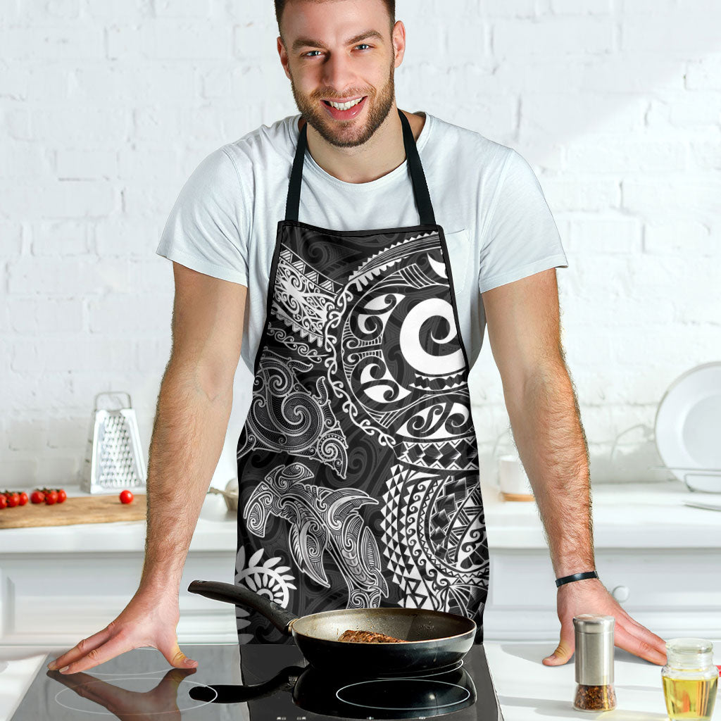 Aotearoa Maori Sea Animals Tribal Apron Manta Ray and Shark Moko Pattern Black Color