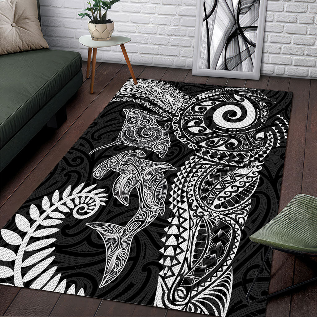 Aotearoa Maori Sea Animals Tribal Area Rug Manta Ray and Shark Moko Pattern Black Color