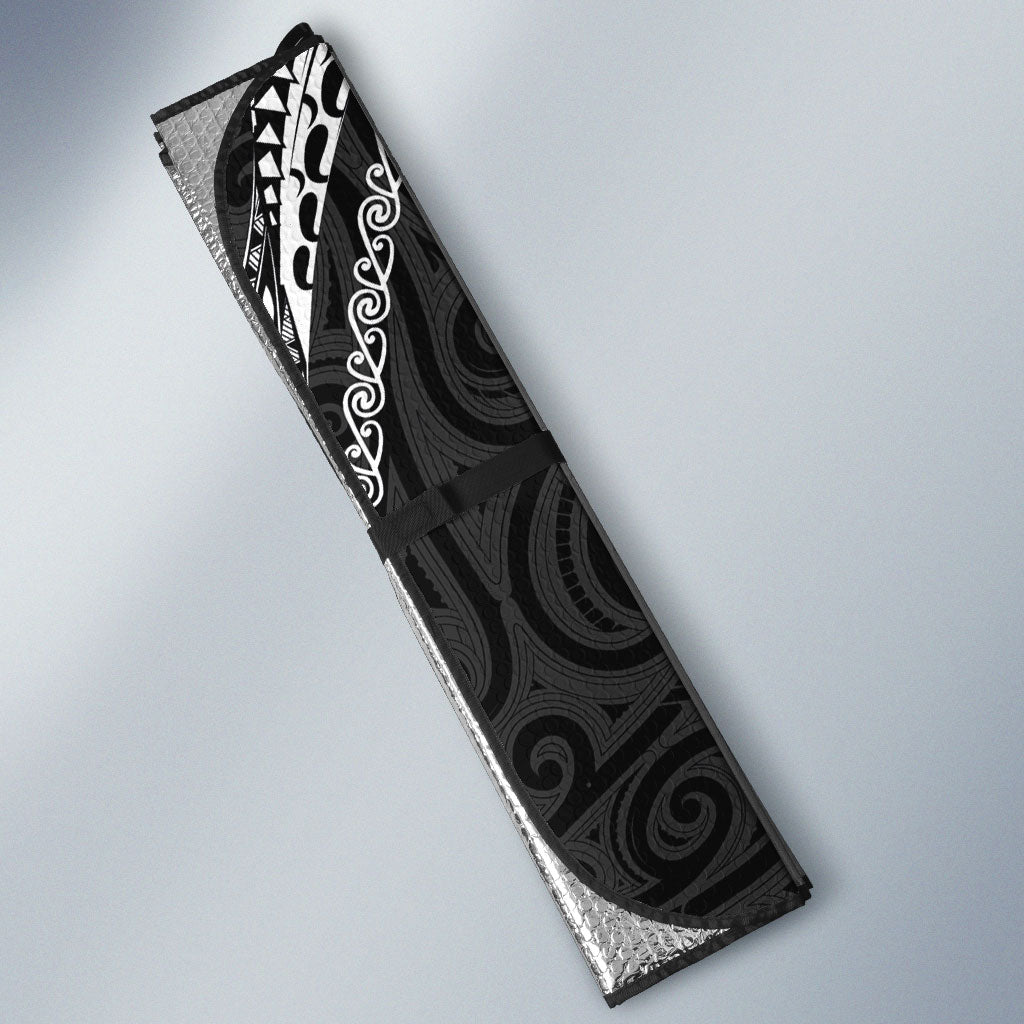 Aotearoa Maori Sea Animals Tribal Auto Sun Shade Manta Ray and Shark Moko Pattern Black Color