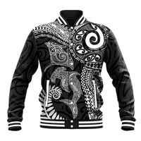 Aotearoa Maori Sea Animals Tribal Baseball Jacket Manta Ray and Shark Moko Pattern Black Color