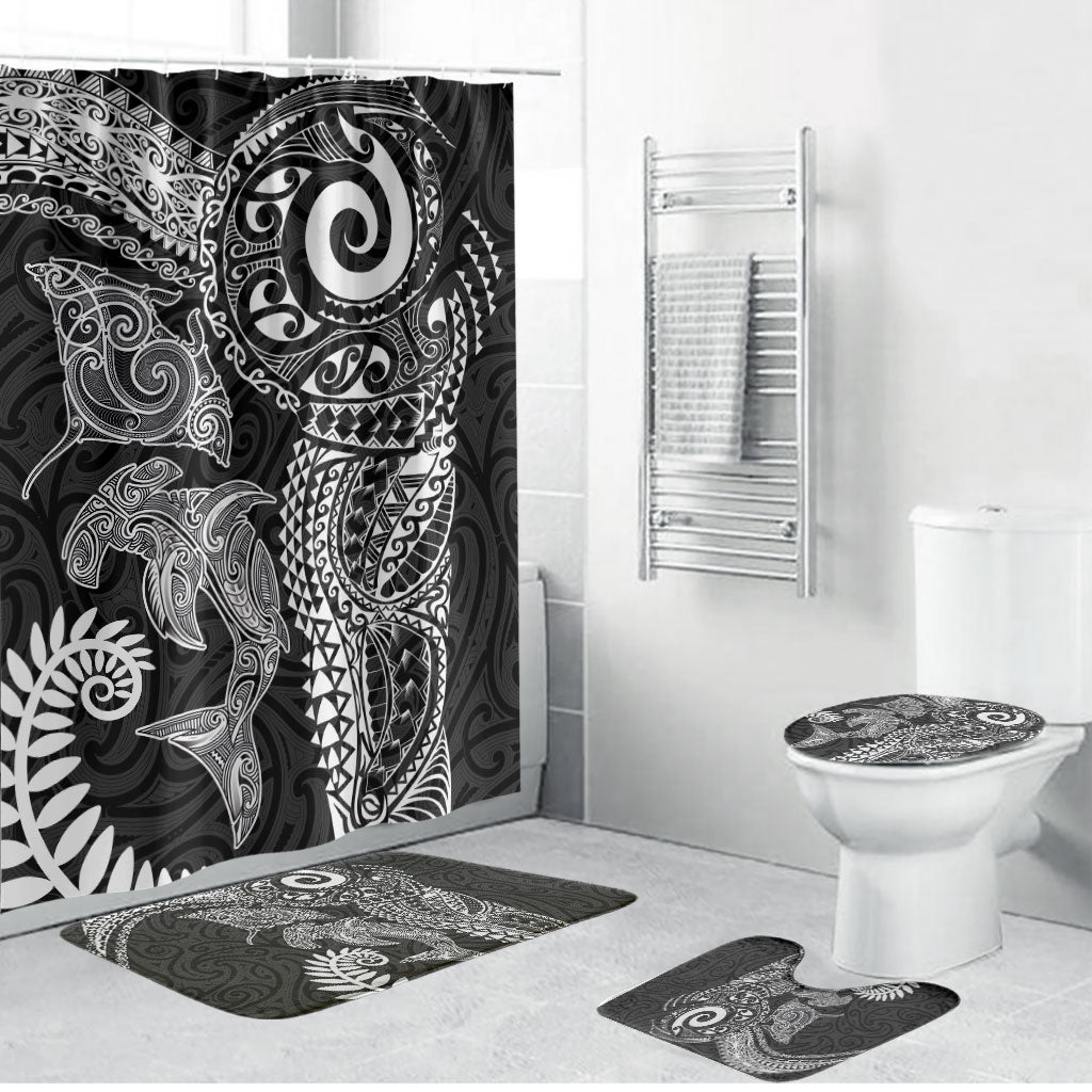 Aotearoa Maori Sea Animals Tribal Bathroom Set Manta Ray and Shark Moko Pattern Black Color