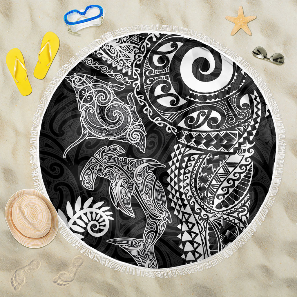 Aotearoa Maori Sea Animals Tribal Beach Blanket Manta Ray and Shark Moko Pattern Black Color