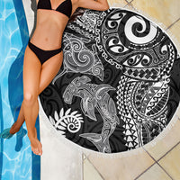 Aotearoa Maori Sea Animals Tribal Beach Blanket Manta Ray and Shark Moko Pattern Black Color