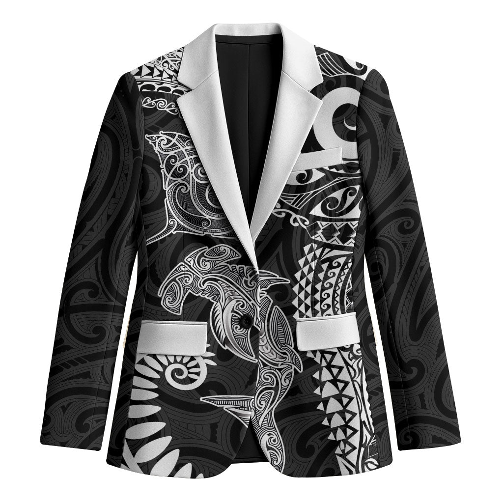 Aotearoa Maori Sea Animals Tribal Blazer Manta Ray and Shark Moko Pattern Black Color