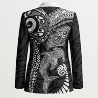 Aotearoa Maori Sea Animals Tribal Blazer Manta Ray and Shark Moko Pattern Black Color