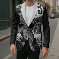 Aotearoa Maori Sea Animals Tribal Blazer Manta Ray and Shark Moko Pattern Black Color