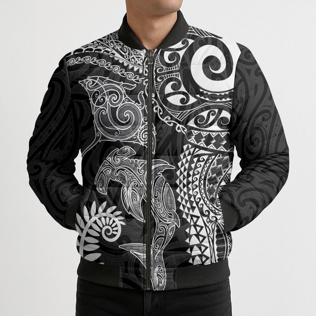 Aotearoa Maori Sea Animals Tribal Bomber Puffer Jacket Manta Ray and Shark Moko Pattern Black Color
