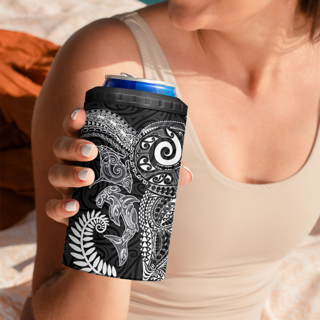 Aotearoa Maori Sea Animals Tribal 4 in 1 Can Cooler Tumbler Manta Ray and Shark Moko Pattern Black Color