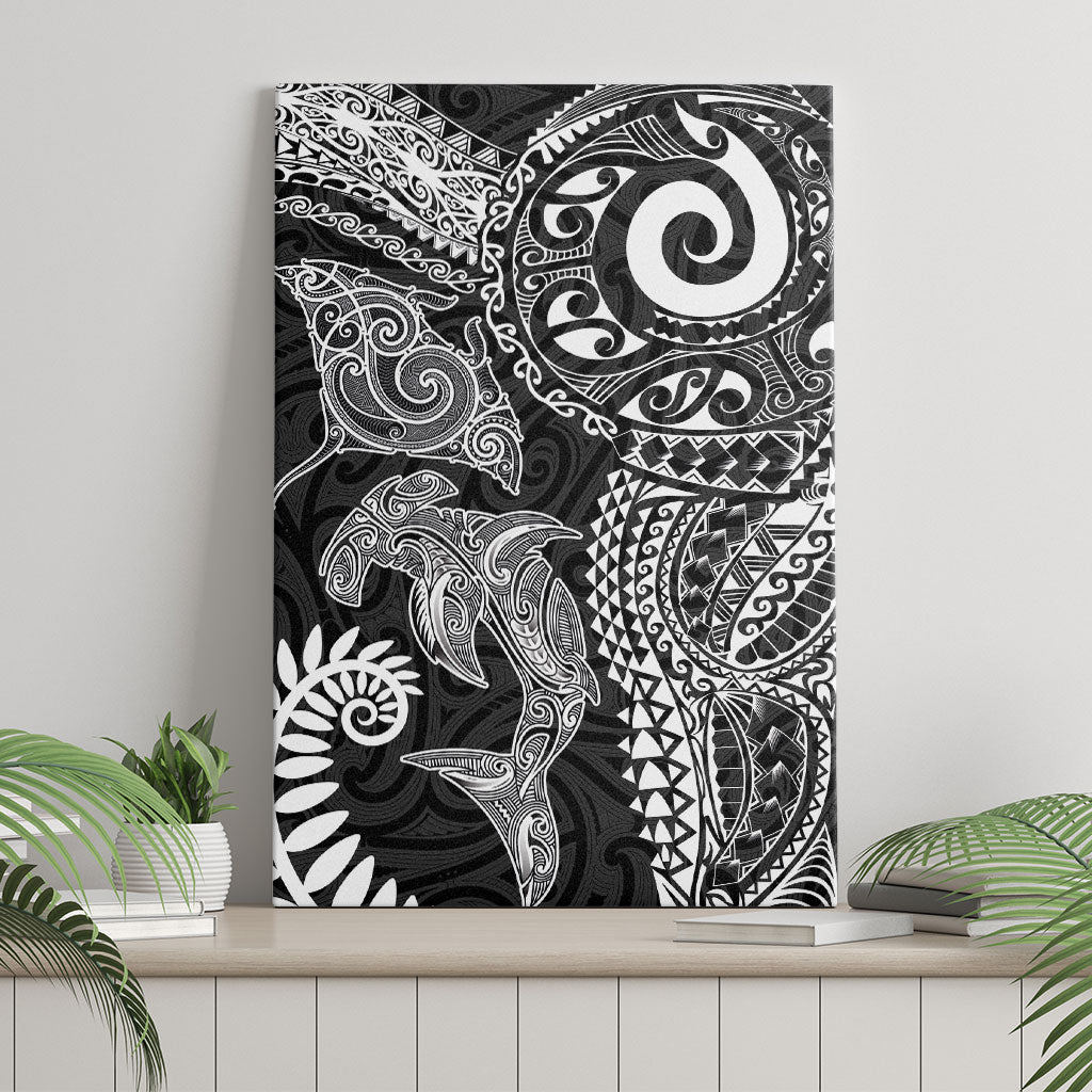 Aotearoa Maori Sea Animals Tribal Canvas Wall Art Manta Ray and Shark Moko Pattern Black Color