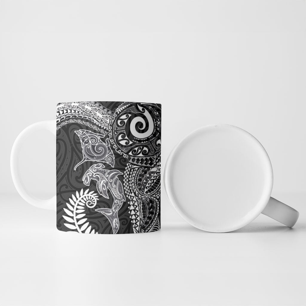 Aotearoa Maori Sea Animals Tribal Ceramic Mug Manta Ray and Shark Moko Pattern Black Color