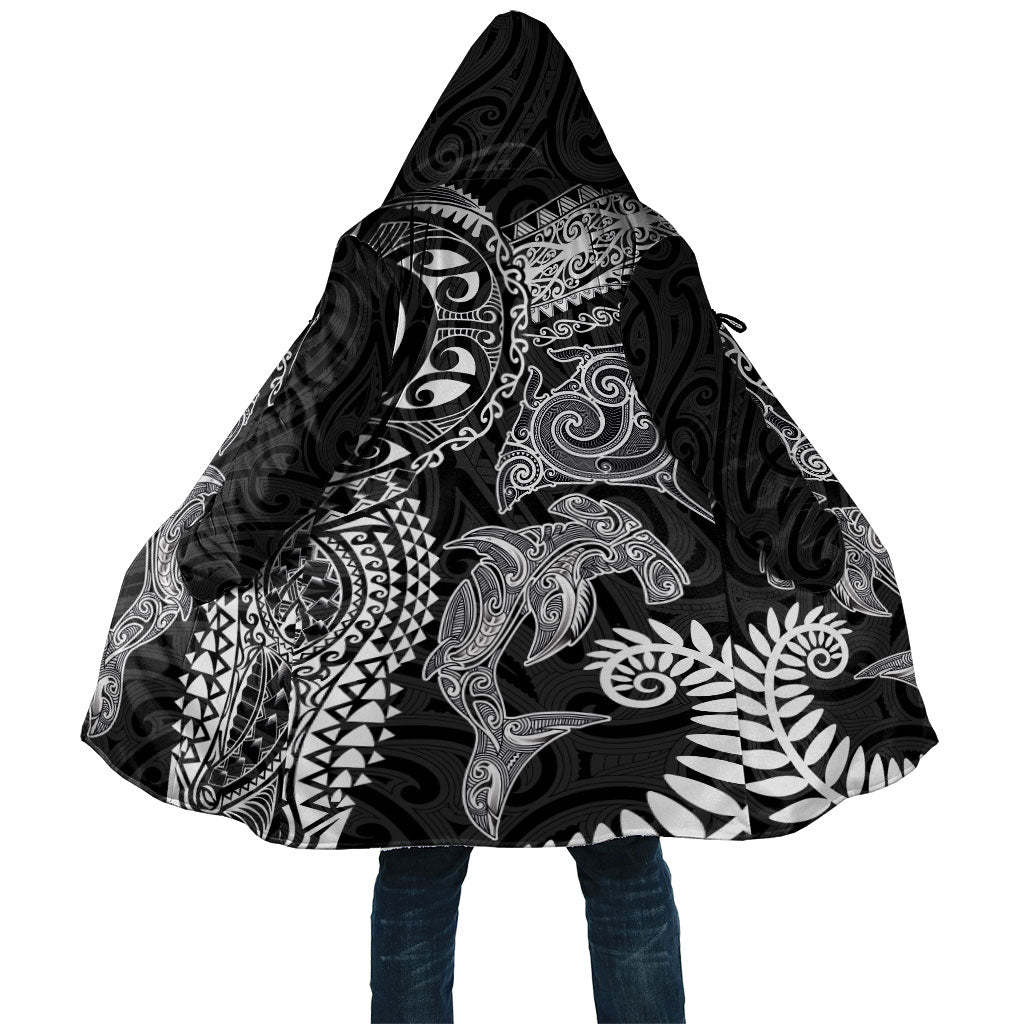 Aotearoa Maori Sea Animals Tribal Cloak Manta Ray and Shark Moko Pattern Black Color