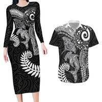 Aotearoa Maori Sea Animals Tribal Couples Matching Long Sleeve Bodycon Dress and Hawaiian Shirt Manta Ray and Shark Moko Pattern Black Color LT03 Black - Polynesian Pride