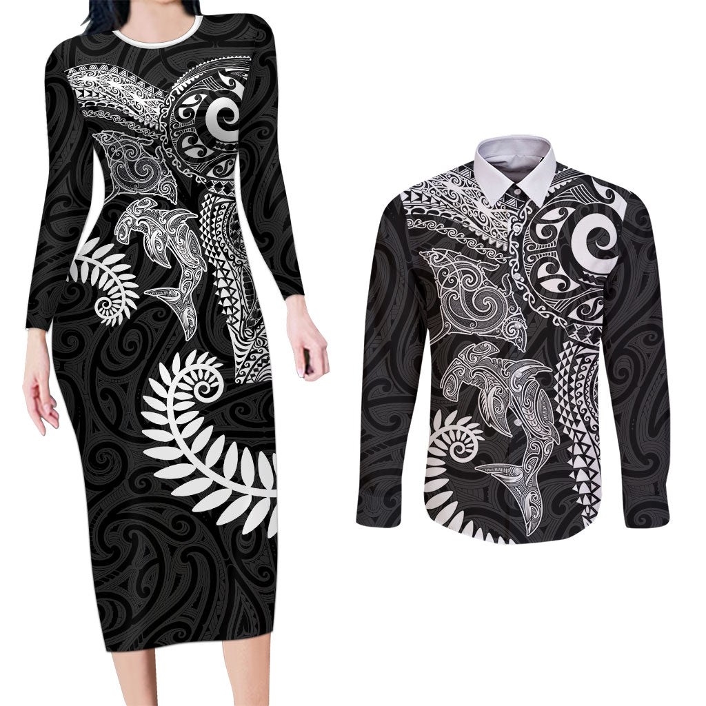 Aotearoa Maori Sea Animals Tribal Couples Matching Long Sleeve Bodycon Dress and Long Sleeve Button Shirt Manta Ray and Shark Moko Pattern Black Color LT03 Black - Polynesian Pride