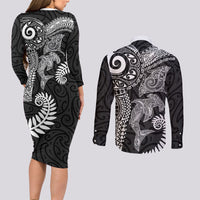 Aotearoa Maori Sea Animals Tribal Couples Matching Long Sleeve Bodycon Dress and Long Sleeve Button Shirt Manta Ray and Shark Moko Pattern Black Color LT03 - Polynesian Pride