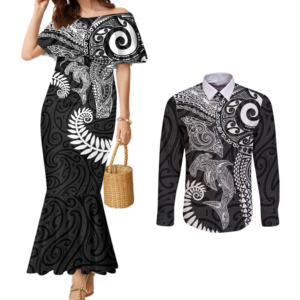Aotearoa Maori Sea Animals Tribal Couples Matching Mermaid Dress and Long Sleeve Button Shirt Manta Ray and Shark Moko Pattern Black Color LT03 Black - Polynesian Pride