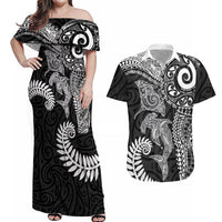Aotearoa Maori Sea Animals Tribal Couples Matching Off Shoulder Maxi Dress and Hawaiian Shirt Manta Ray and Shark Moko Pattern Black Color LT03 Black - Polynesian Pride