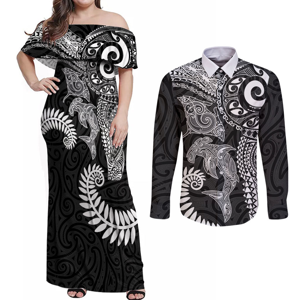 Aotearoa Maori Sea Animals Tribal Couples Matching Off Shoulder Maxi Dress and Long Sleeve Button Shirt Manta Ray and Shark Moko Pattern Black Color