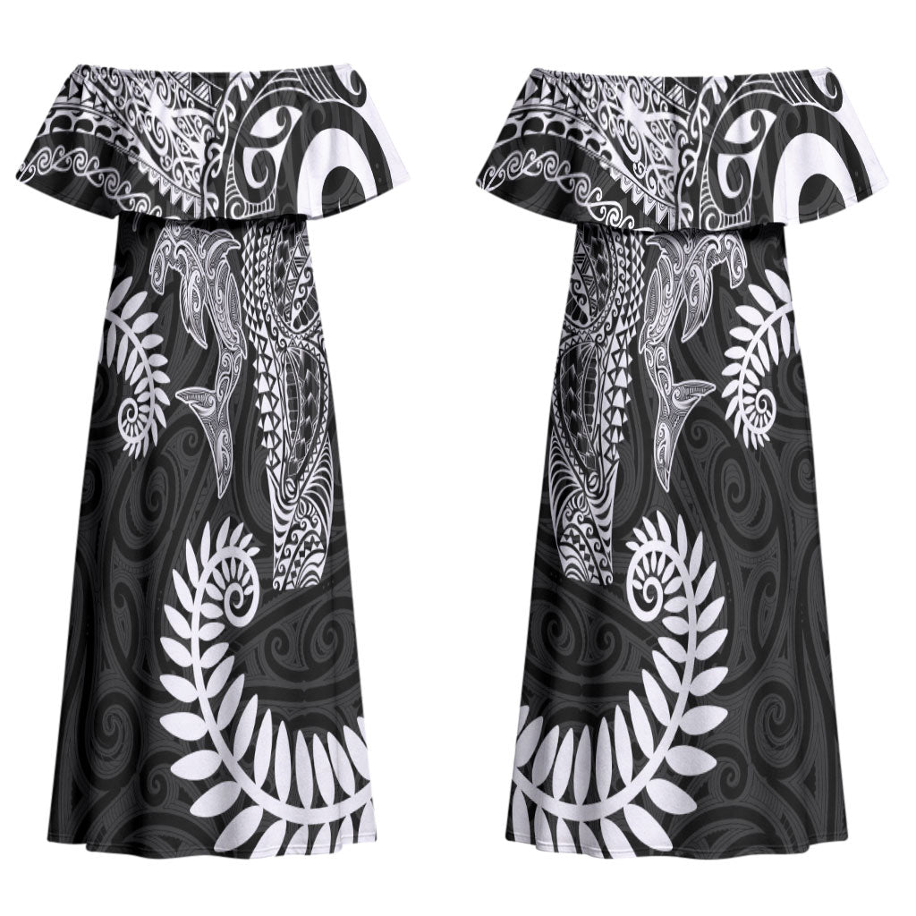 Aotearoa Maori Sea Animals Tribal Couples Matching Off Shoulder Maxi Dress and Long Sleeve Button Shirt Manta Ray and Shark Moko Pattern Black Color LT03 - Polynesian Pride