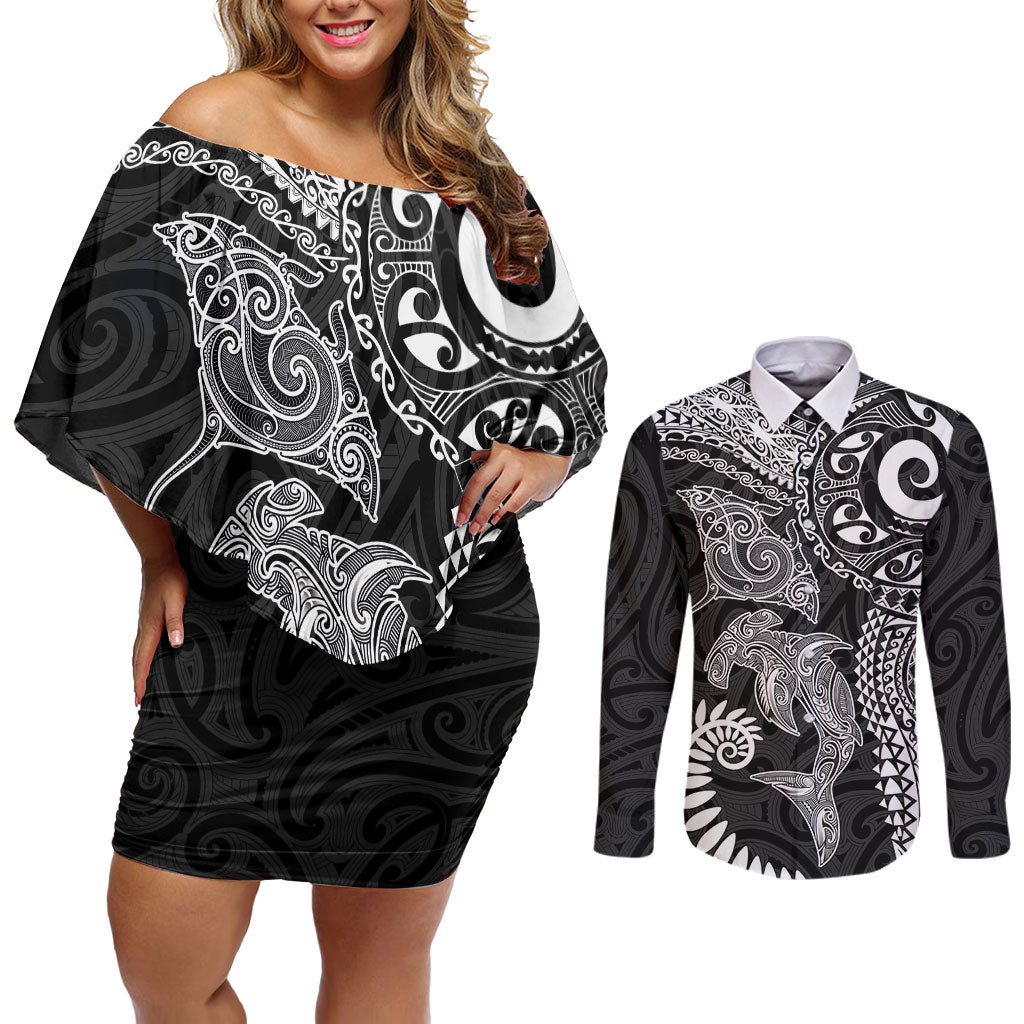 Aotearoa Maori Sea Animals Tribal Couples Matching Off Shoulder Short Dress and Long Sleeve Button Shirt Manta Ray and Shark Moko Pattern Black Color LT03 Black - Polynesian Pride
