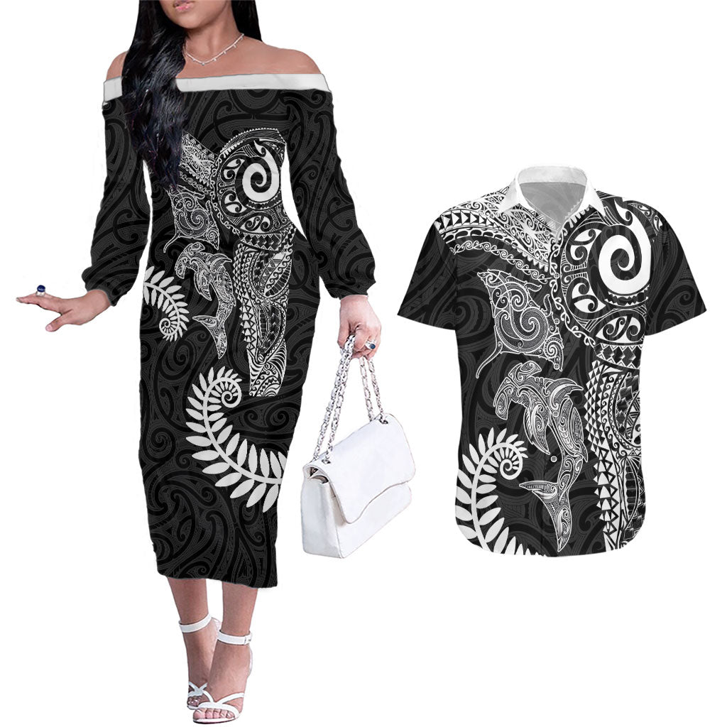 Aotearoa Maori Sea Animals Tribal Couples Matching Off The Shoulder Long Sleeve Dress and Hawaiian Shirt Manta Ray and Shark Moko Pattern Black Color