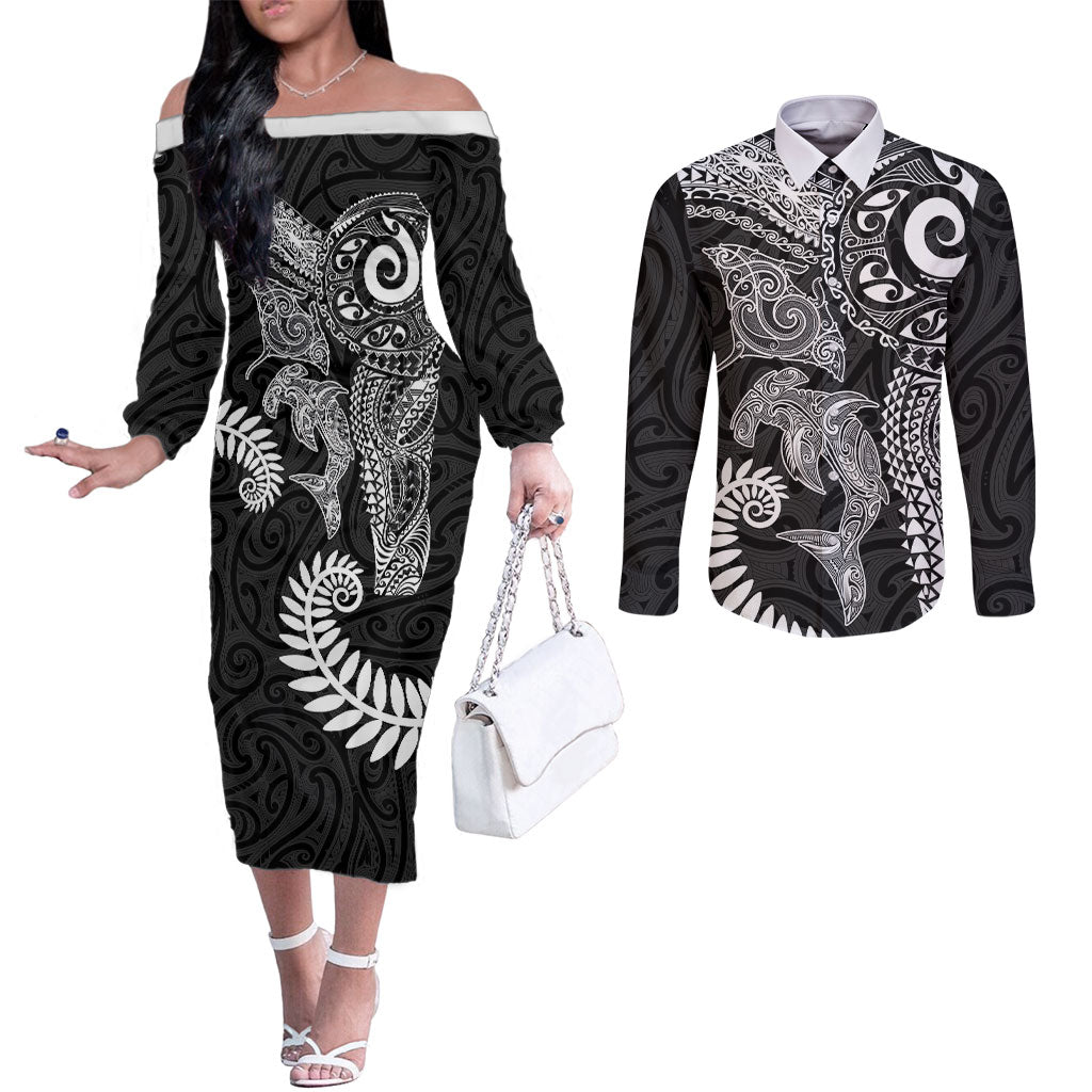 Aotearoa Maori Sea Animals Tribal Couples Matching Off The Shoulder Long Sleeve Dress and Long Sleeve Button Shirt Manta Ray and Shark Moko Pattern Black Color LT03 Black - Polynesian Pride