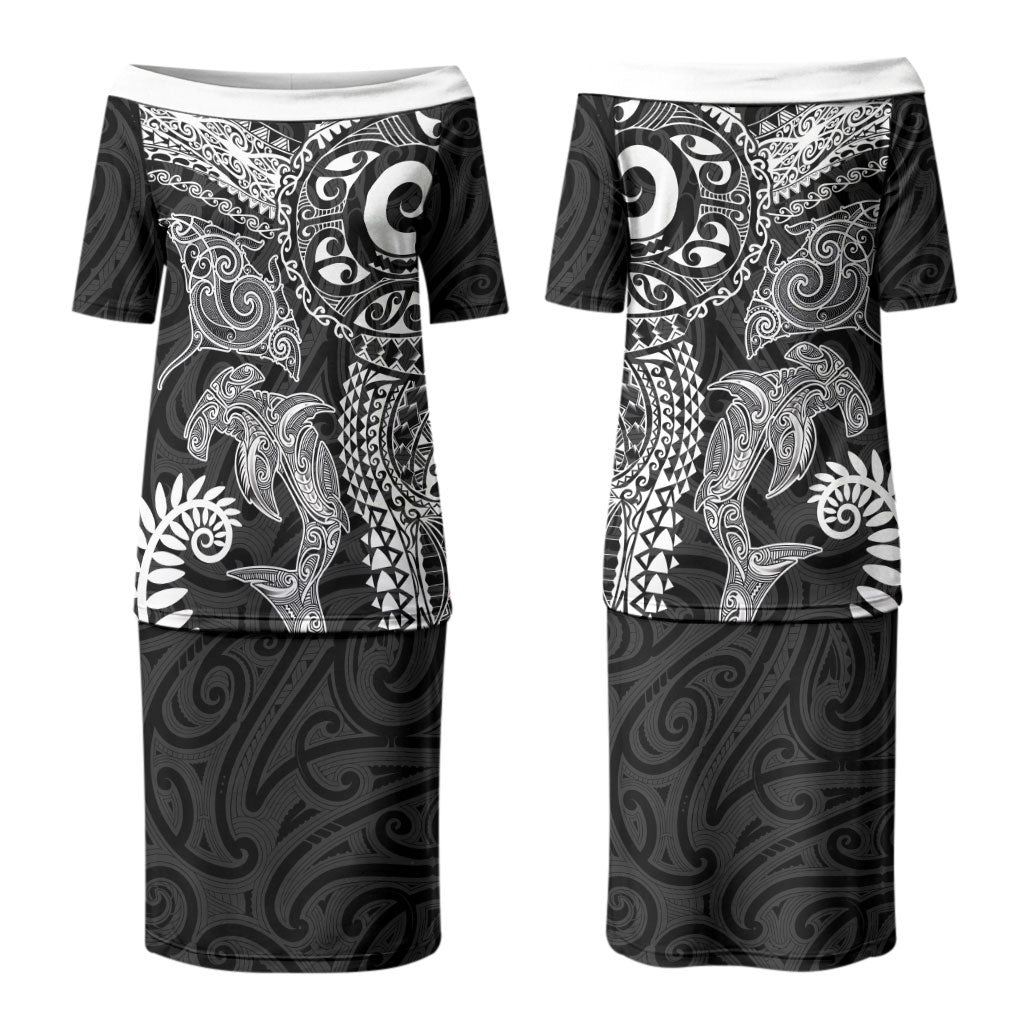 Aotearoa Maori Sea Animals Tribal Couples Matching Puletasi and Long Sleeve Button Shirt Manta Ray and Shark Moko Pattern Black Color LT03 - Polynesian Pride
