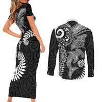 Aotearoa Maori Sea Animals Tribal Couples Matching Short Sleeve Bodycon Dress and Long Sleeve Button Shirt Manta Ray and Shark Moko Pattern Black Color LT03 - Polynesian Pride