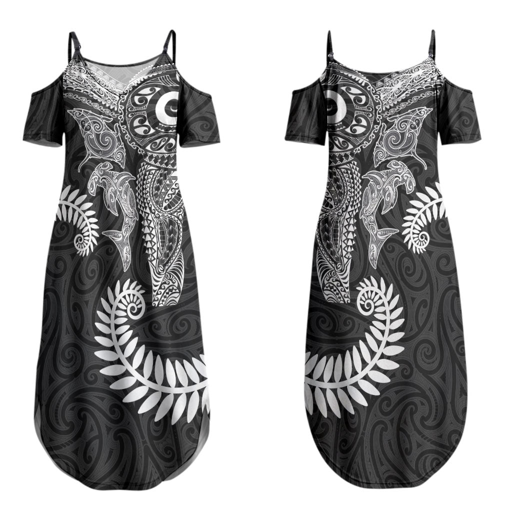 Aotearoa Maori Sea Animals Tribal Couples Matching Summer Maxi Dress and Hawaiian Shirt Manta Ray and Shark Moko Pattern Black Color LT03 - Polynesian Pride