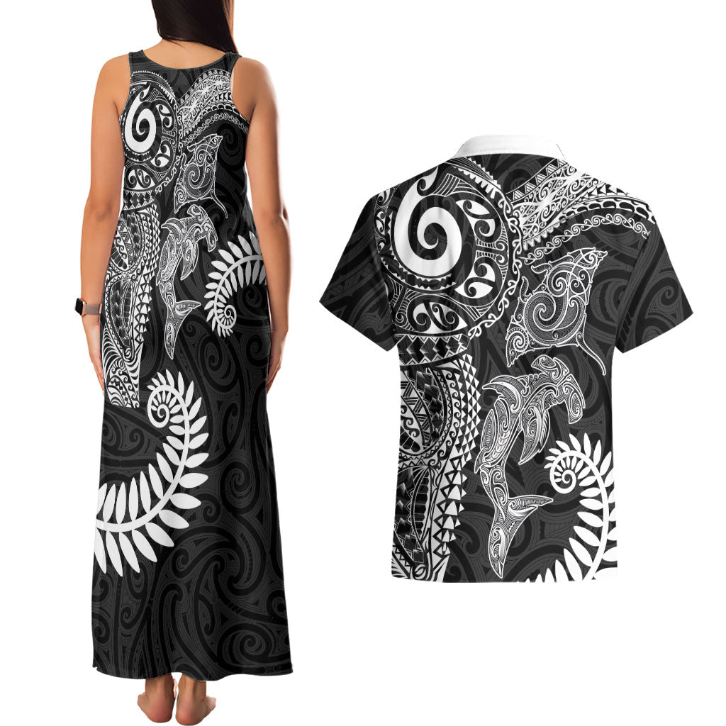 Aotearoa Maori Sea Animals Tribal Couples Matching Tank Maxi Dress and Hawaiian Shirt Manta Ray and Shark Moko Pattern Black Color LT03 - Polynesian Pride