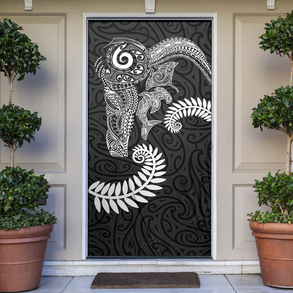 Aotearoa Maori Sea Animals Tribal Door Cover Manta Ray and Shark Moko Pattern Black Color
