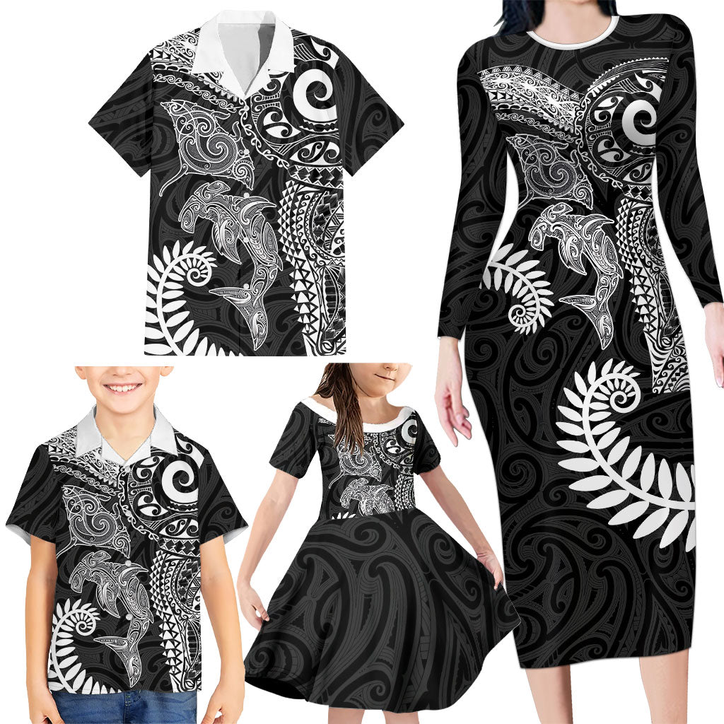 Aotearoa Maori Sea Animals Tribal Family Matching Long Sleeve Bodycon Dress and Hawaiian Shirt Manta Ray and Shark Moko Pattern Black Color LT03 - Polynesian Pride