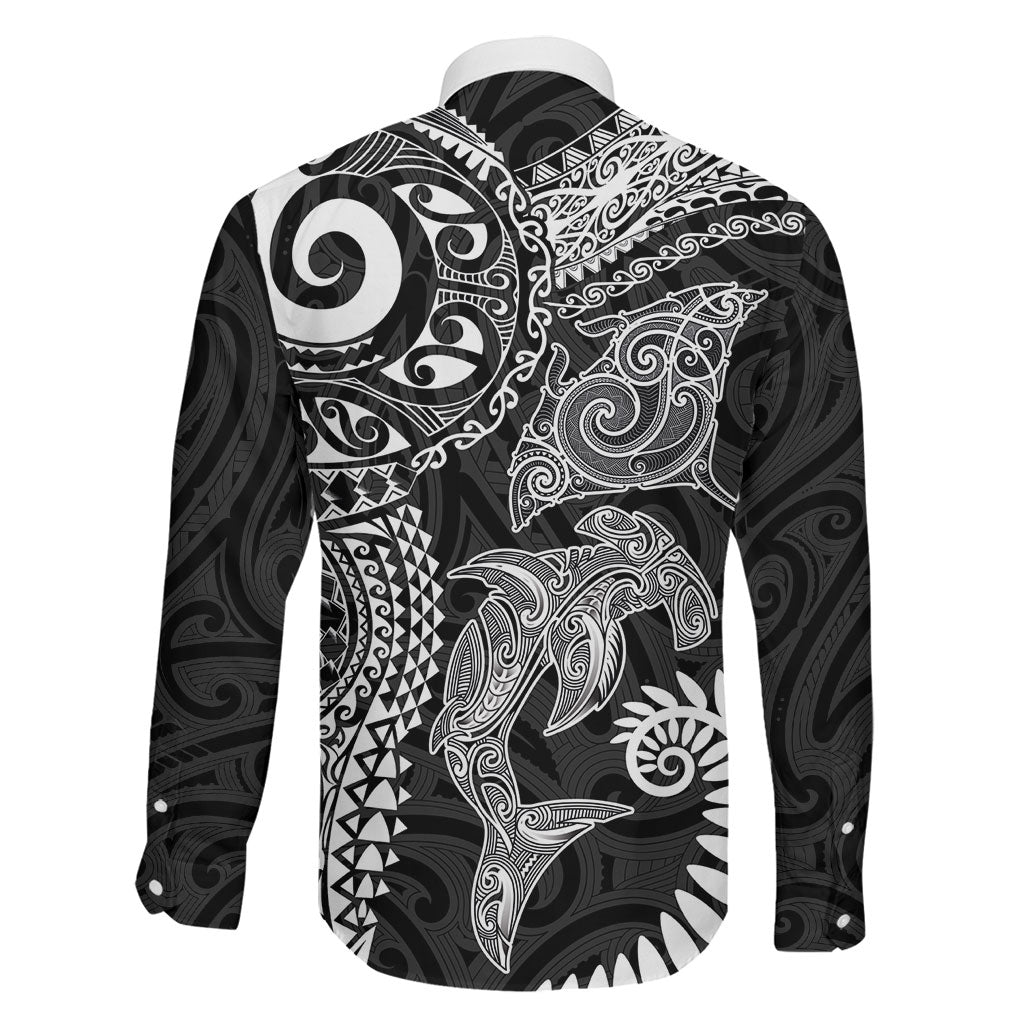 Aotearoa Maori Sea Animals Tribal Family Matching Long Sleeve Bodycon Dress and Hawaiian Shirt Manta Ray and Shark Moko Pattern Black Color LT03 - Polynesian Pride