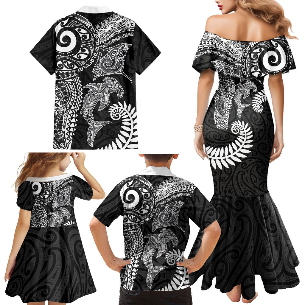 Aotearoa Maori Sea Animals Tribal Family Matching Mermaid Dress and Hawaiian Shirt Manta Ray and Shark Moko Pattern Black Color LT03 - Polynesian Pride