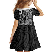 Aotearoa Maori Sea Animals Tribal Family Matching Off The Shoulder Long Sleeve Dress and Hawaiian Shirt Manta Ray and Shark Moko Pattern Black Color LT03 - Polynesian Pride
