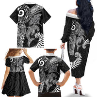 Aotearoa Maori Sea Animals Tribal Family Matching Off The Shoulder Long Sleeve Dress and Hawaiian Shirt Manta Ray and Shark Moko Pattern Black Color LT03 - Polynesian Pride