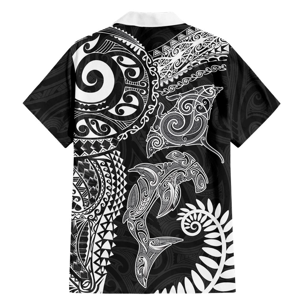 Aotearoa Maori Sea Animals Tribal Family Matching Off Shoulder Maxi Dress and Hawaiian Shirt Manta Ray and Shark Moko Pattern Black Color LT03 - Polynesian Pride