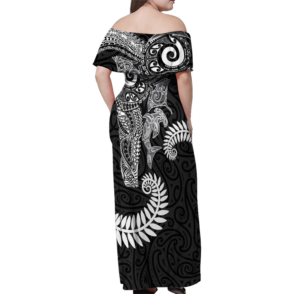 Aotearoa Maori Sea Animals Tribal Family Matching Off Shoulder Maxi Dress and Hawaiian Shirt Manta Ray and Shark Moko Pattern Black Color LT03 - Polynesian Pride