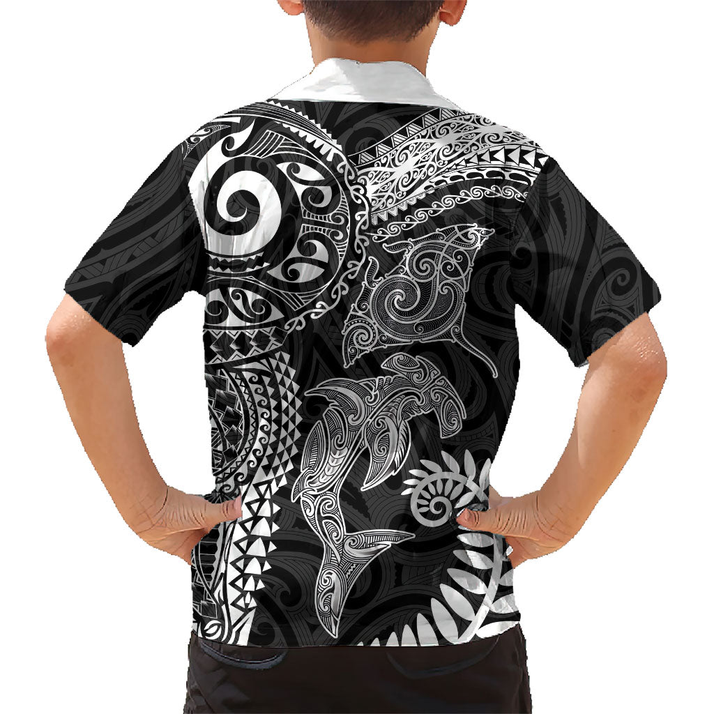 Aotearoa Maori Sea Animals Tribal Family Matching Off Shoulder Short Dress and Hawaiian Shirt Manta Ray and Shark Moko Pattern Black Color LT03 - Polynesian Pride