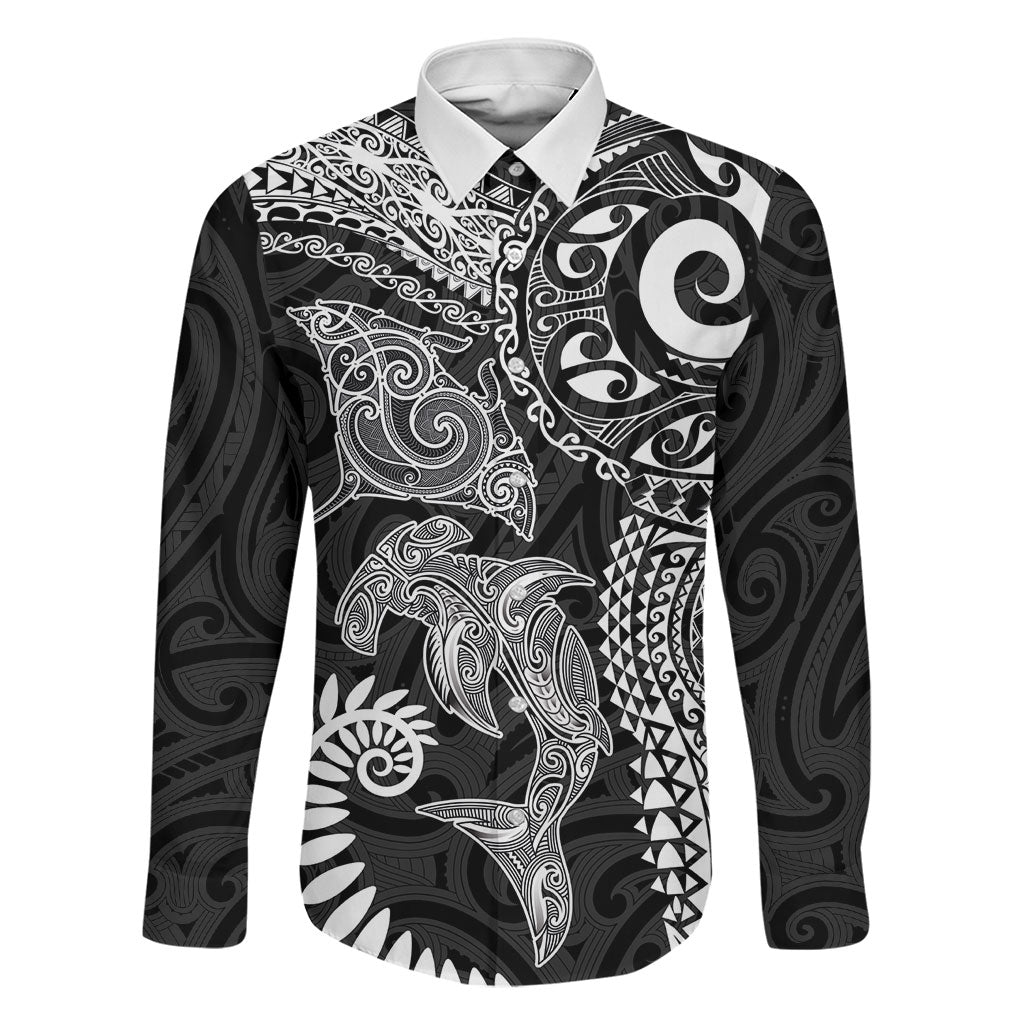 Aotearoa Maori Sea Animals Tribal Family Matching Off Shoulder Short Dress and Hawaiian Shirt Manta Ray and Shark Moko Pattern Black Color LT03 Dad's Shirt - Long Sleeve Black - Polynesian Pride