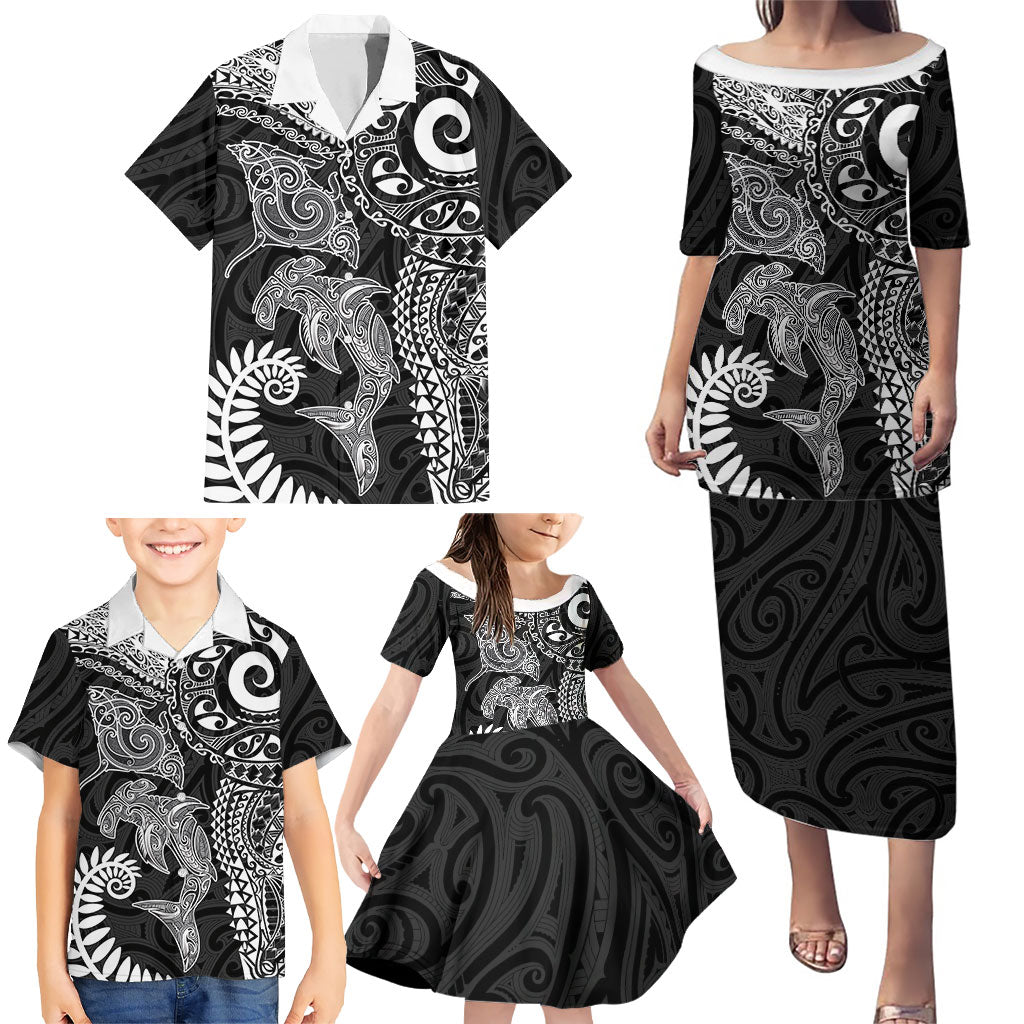 Aotearoa Maori Sea Animals Tribal Family Matching Puletasi and Hawaiian Shirt Manta Ray and Shark Moko Pattern Black Color LT03 - Polynesian Pride
