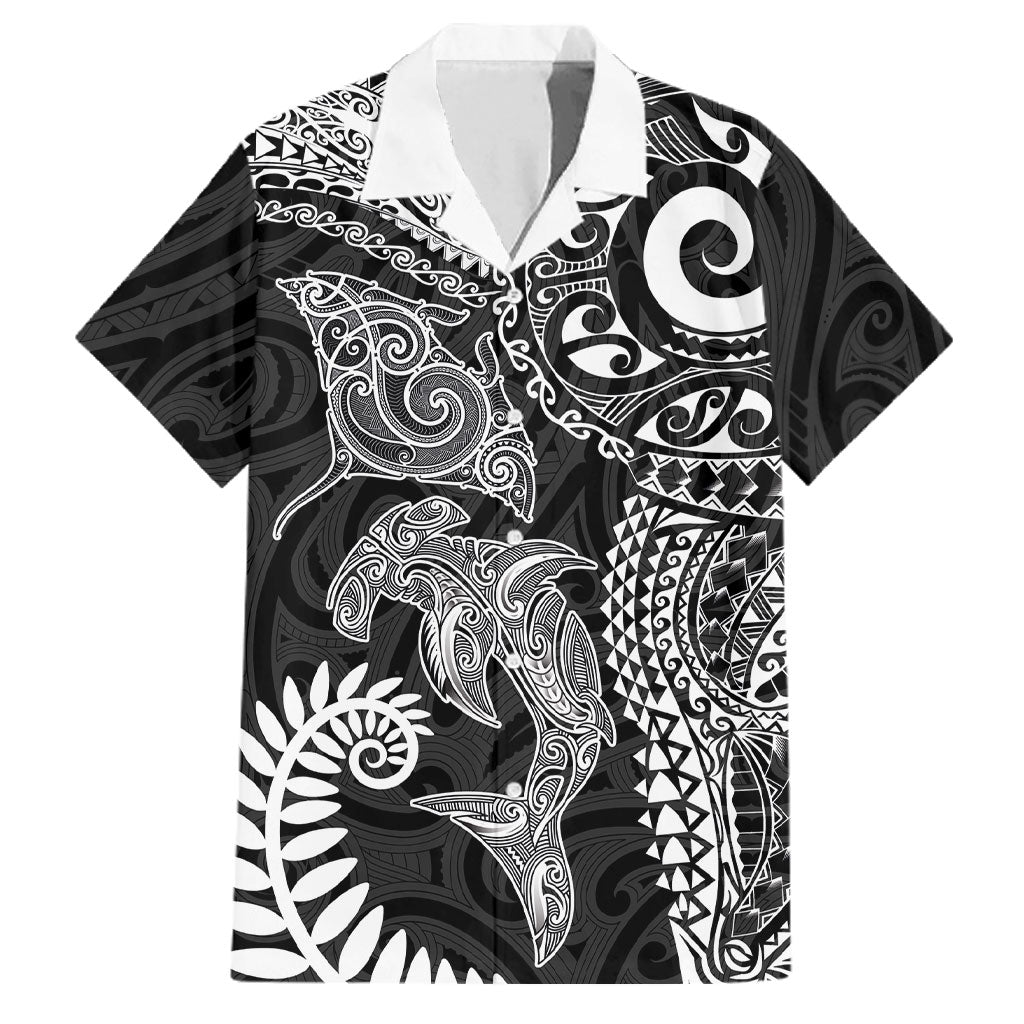 Aotearoa Maori Sea Animals Tribal Family Matching Puletasi and Hawaiian Shirt Manta Ray and Shark Moko Pattern Black Color LT03 Dad's Shirt - Short Sleeve Black - Polynesian Pride