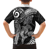 Aotearoa Maori Sea Animals Tribal Family Matching Short Sleeve Bodycon Dress and Hawaiian Shirt Manta Ray and Shark Moko Pattern Black Color LT03 - Polynesian Pride