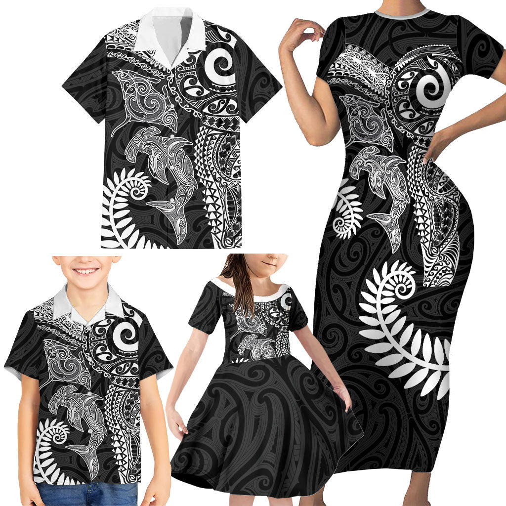 Aotearoa Maori Sea Animals Tribal Family Matching Short Sleeve Bodycon Dress and Hawaiian Shirt Manta Ray and Shark Moko Pattern Black Color LT03 - Polynesian Pride