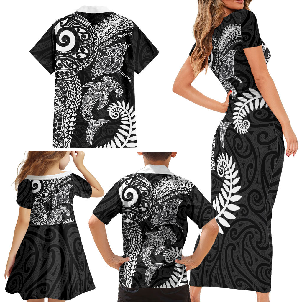 Aotearoa Maori Sea Animals Tribal Family Matching Short Sleeve Bodycon Dress and Hawaiian Shirt Manta Ray and Shark Moko Pattern Black Color LT03 - Polynesian Pride