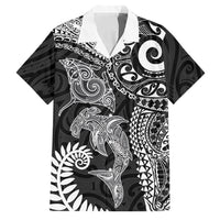 Aotearoa Maori Sea Animals Tribal Family Matching Short Sleeve Bodycon Dress and Hawaiian Shirt Manta Ray and Shark Moko Pattern Black Color LT03 Dad's Shirt - Short Sleeve Black - Polynesian Pride